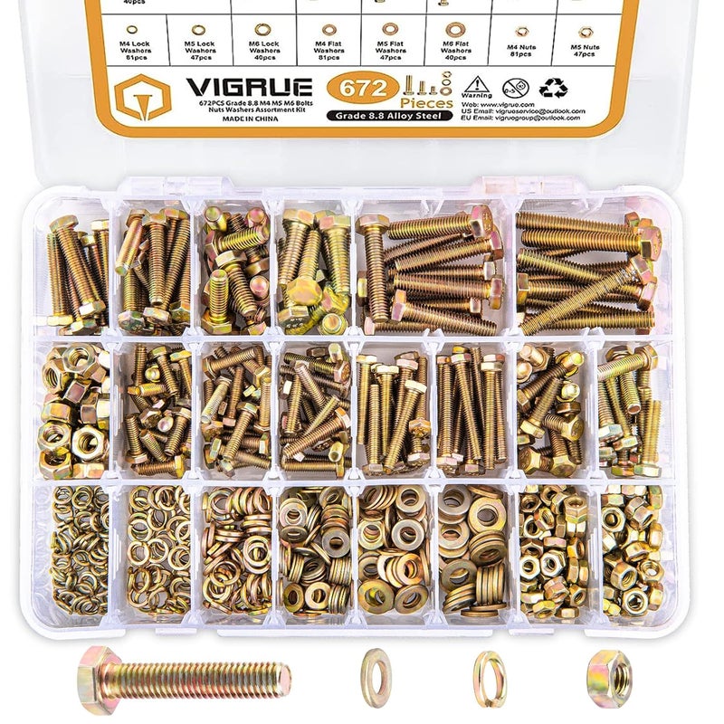 VIGRUE 672PCS Grade 8.8 M4 M5 M6 Metric Bolts Nuts Assortment, Heavy Duty Hex Head Nuts and Bolts Assortment Kit, 13 Metric Sizes Included - Image 1